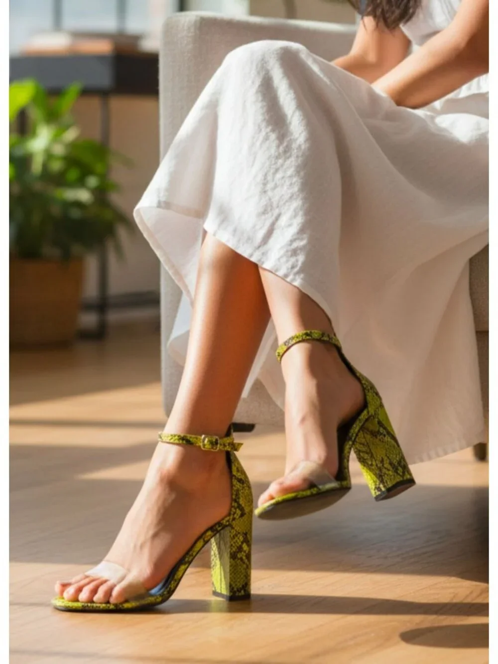 Green Snake Print Heeled Sandals With Clear Strap & Adjustable Ankle Buckle Bloc